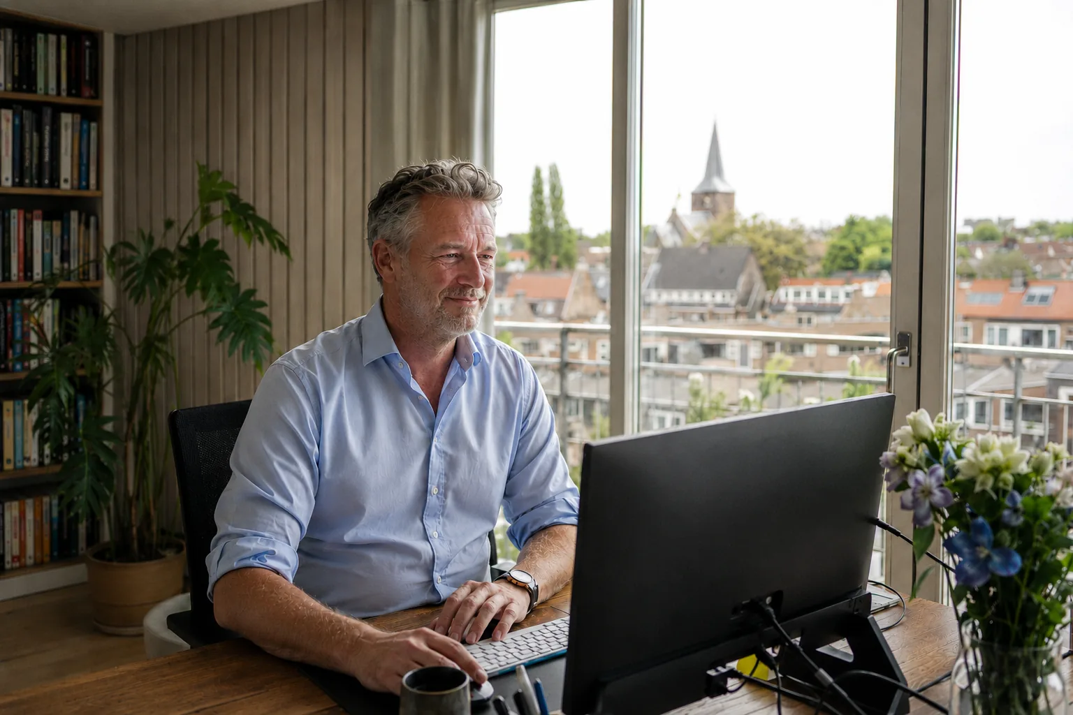 Bestuurslid werkt thuis achter de computer aan de administratie van zijn VvE, met uitzicht op een Nederlandse wijk