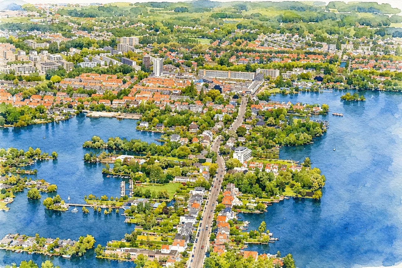 Aquarel van Hillegersberg met de plassen en woningen aan het water