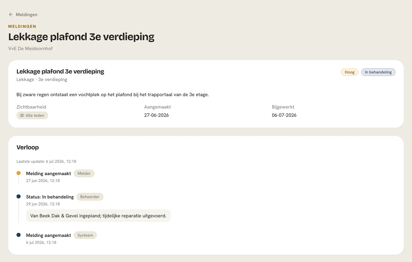 Meldingscherm in de app met de tijdlijn van een lekkagemelding: aangemaakt, in behandeling en de reactie van de beheerder